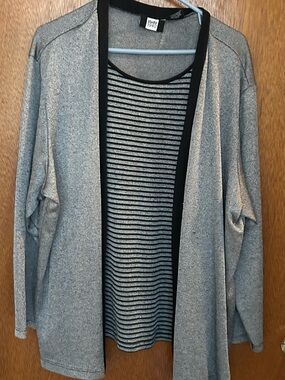 Studio 1940 Gray Cardigan with Black-Trim Striped Tank